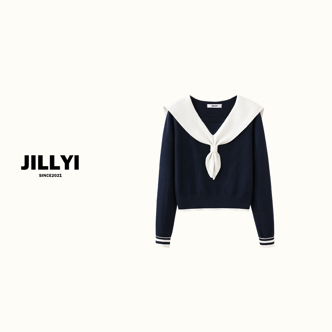 JILLYI南山店【春日海军】深蓝拼白色海军领秋季时尚学院风针织衫