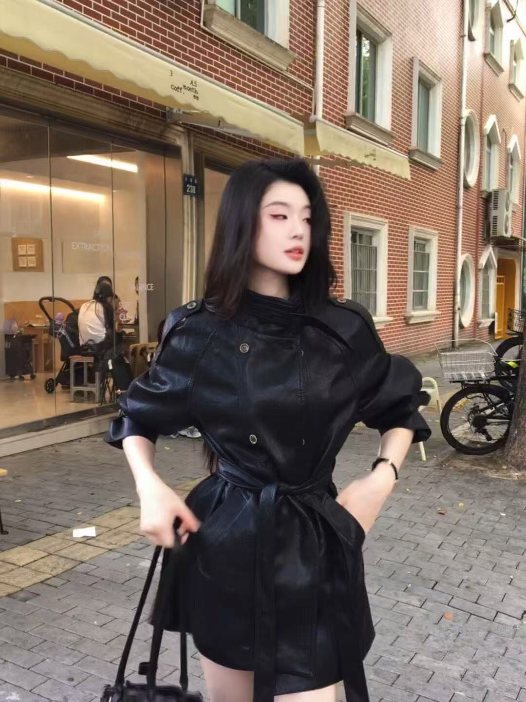 【韩剧女主】黑色皮衣女中长款秋冬蛋白软立领腰带款PU韩版风衣外套