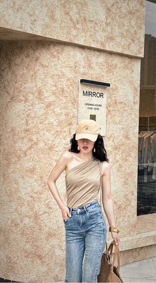 MIRROR 【涛姐精选】初夏海风编织飘带斜肩上衣
