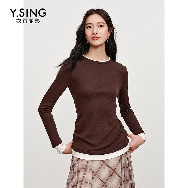 衣香丽影【Y.SING致简】天丝羊毛假两件T恤女2025年秋装新款上衣