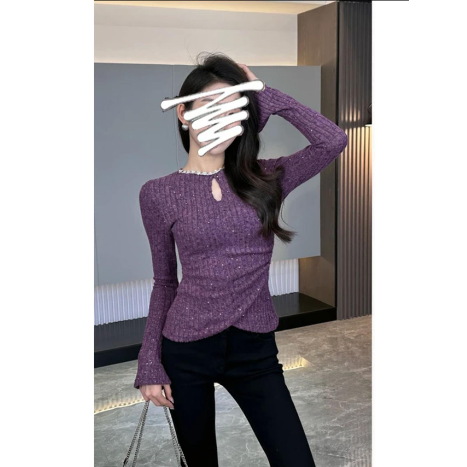 紫色长袖魅影缪斯冬季显瘦绒感修身显瘦圆领气质百搭针织衫上衣女