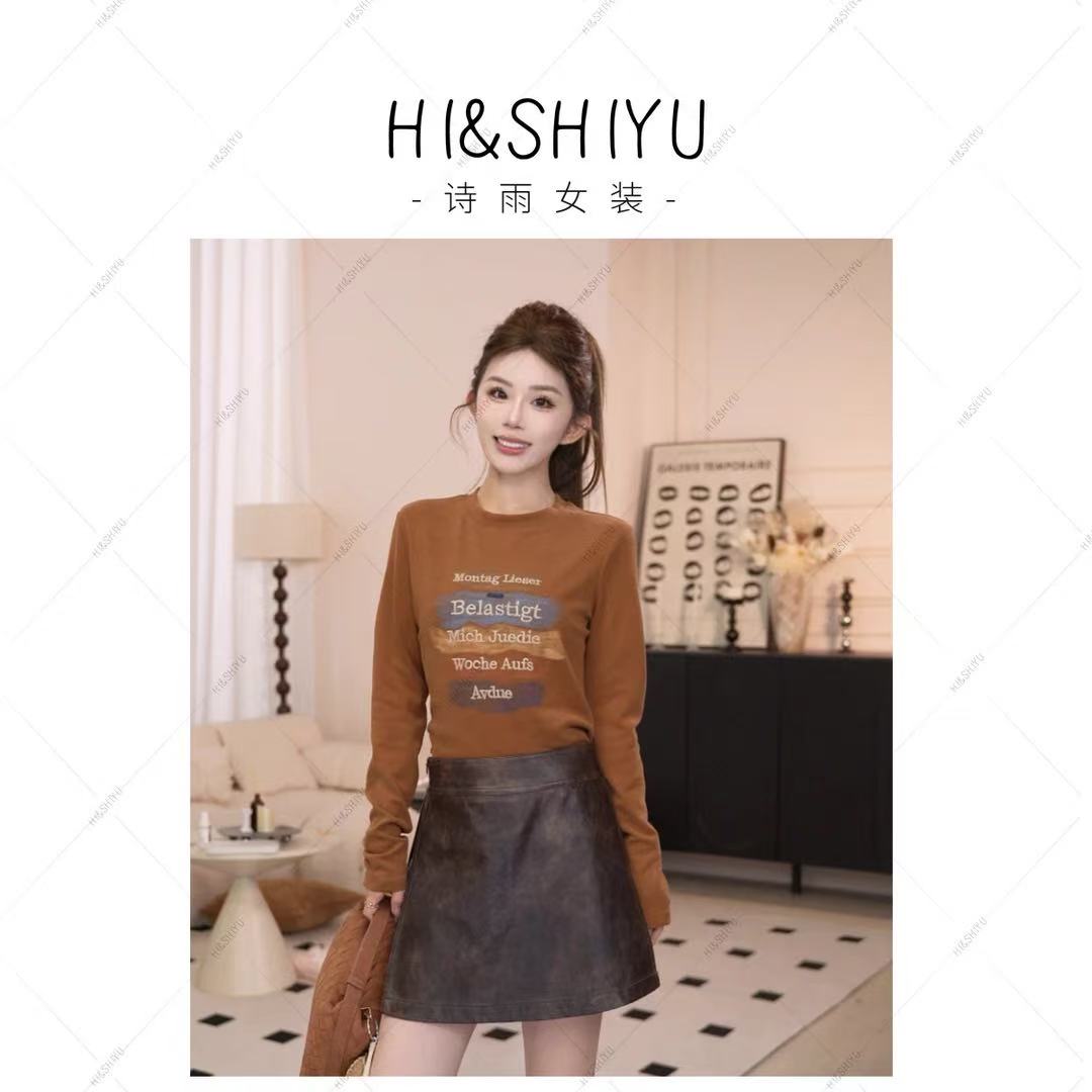 HISHIYU【油画字母】字母刺绣印花磨毛T恤女秋季新款百搭打底衫上衣