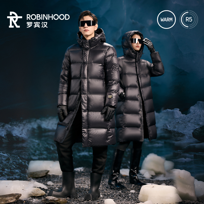 罗宾汉黑色金标时尚情侣款鹅绒长款羽绒服-R038Y61006A 
