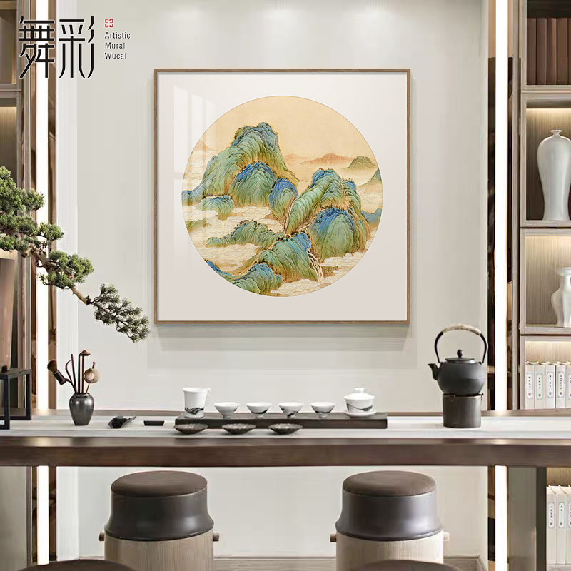 新中式玄关挂画宋式美学入户门金箔画客餐厅方形装饰画斗方山水画