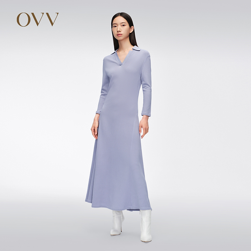 【艾钱钱专属】OVV春夏女装法式V领长袖A字针织连衣裙GQLCJ14002A
