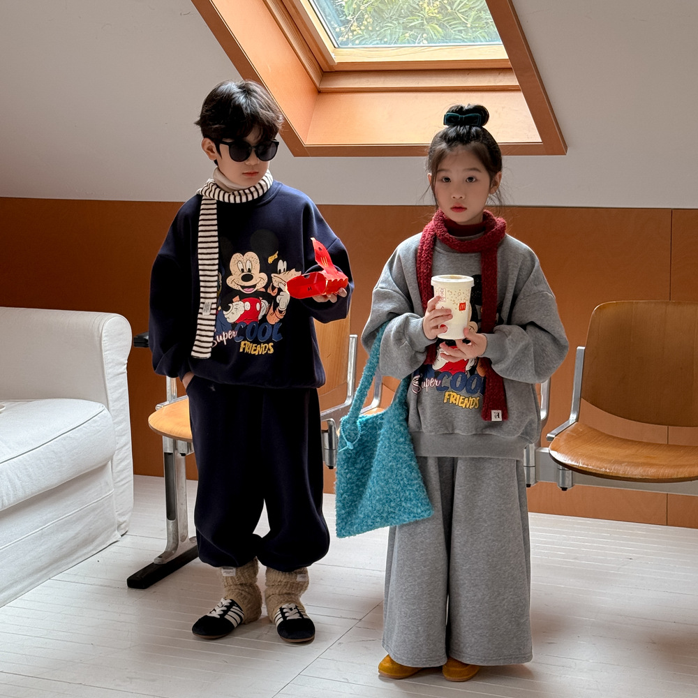童套装2025秋冬韩版男女童卡通印花加厚圆领套头休闲加绒卫衣套装