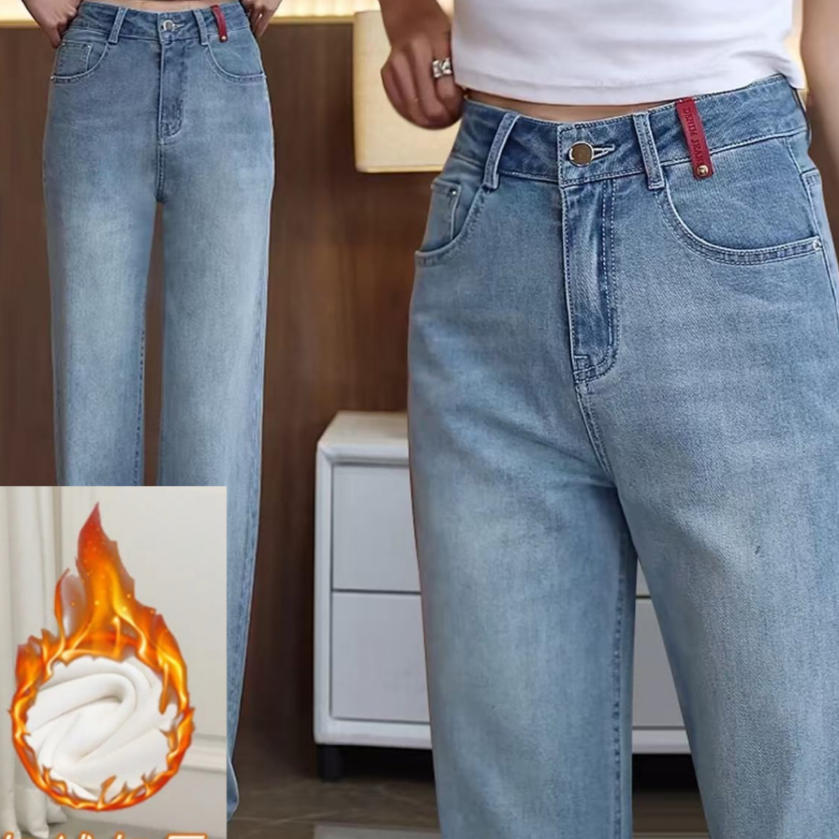 99315#【裤长约98】加绒高腰牛仔裤女秋冬新款显瘦梨形身材直筒裤