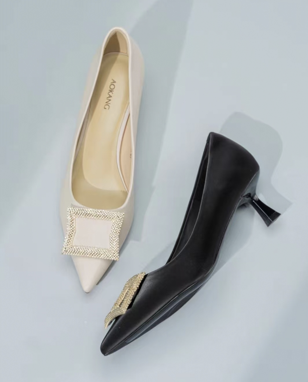 66A3013春季细跟高跟水钻胶粘优雅风气质粗跟单鞋尖头