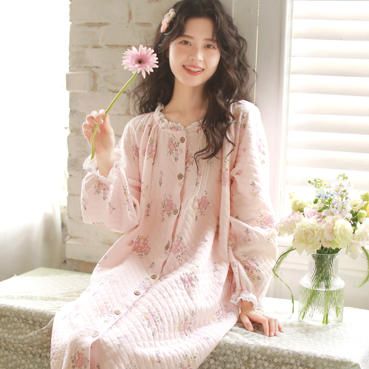 『苍兰物语睡裙』富朵待产裙月子服春秋冬季三层夹棉保暖孕妇睡衣裙