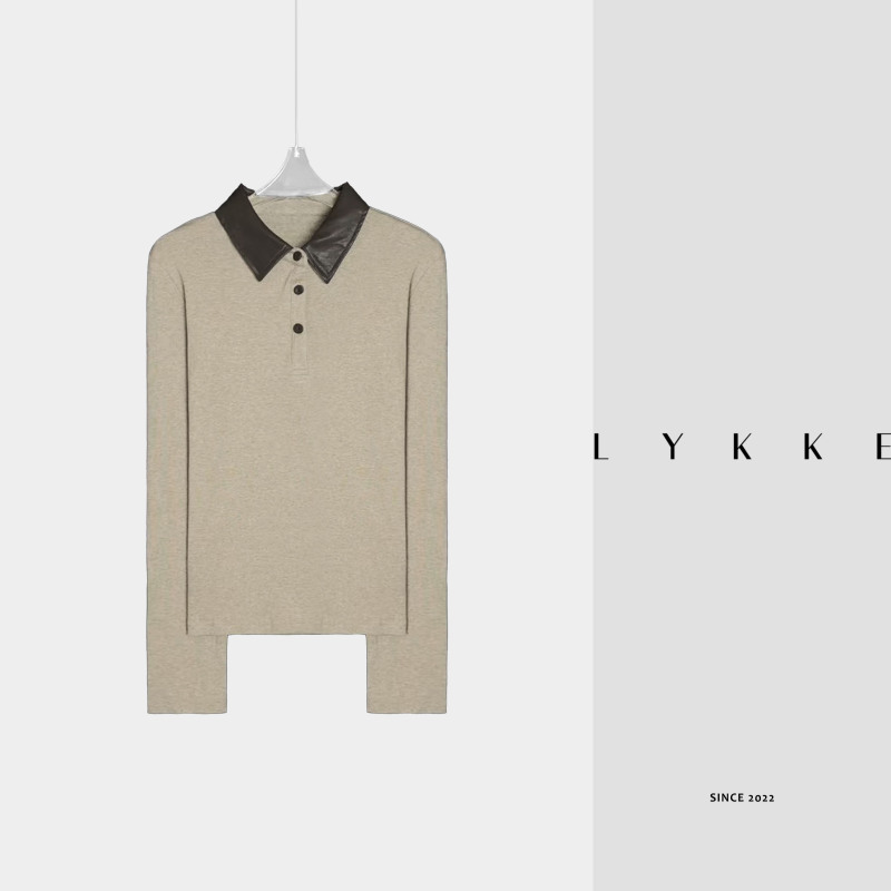 LYKKE 柔肤天丝摩登复古皮质撞色翻领简约修身长袖上衣-25353