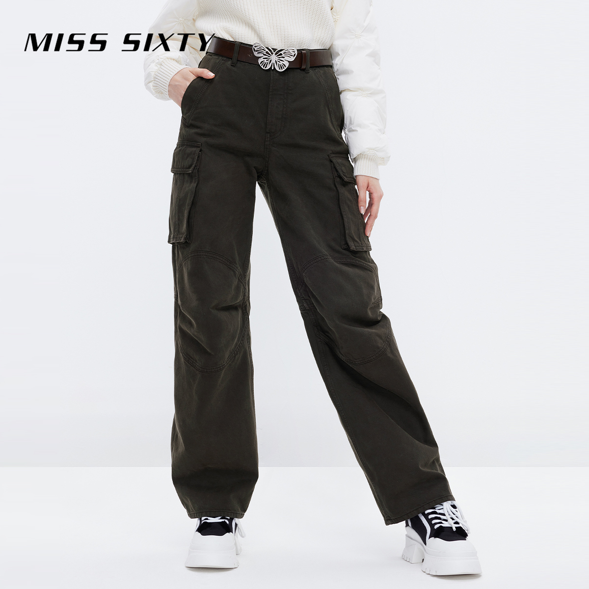 Miss Sixty冬季新款牛仔裤女灰绿色配蝴蝶腰带美式复古工装风