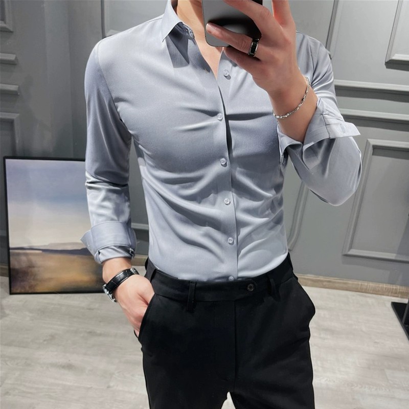 春秋白衬衫男长袖商务正装修身职业工装休闲无痕纯色打底西装衬衣