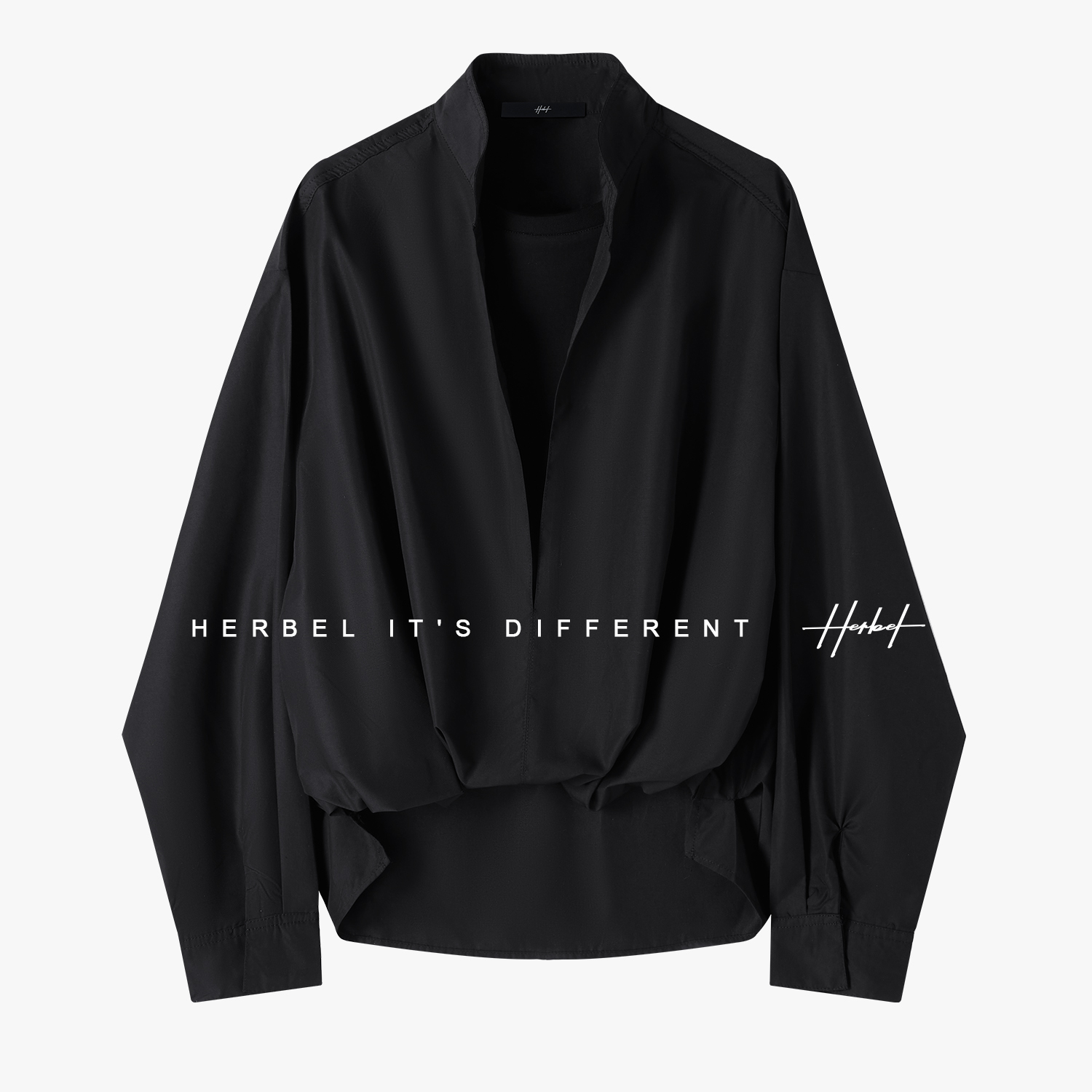 HERBEL/黑白早秋穿搭假两件长袖衬衫黑色休闲衬衣少年感穿搭潮