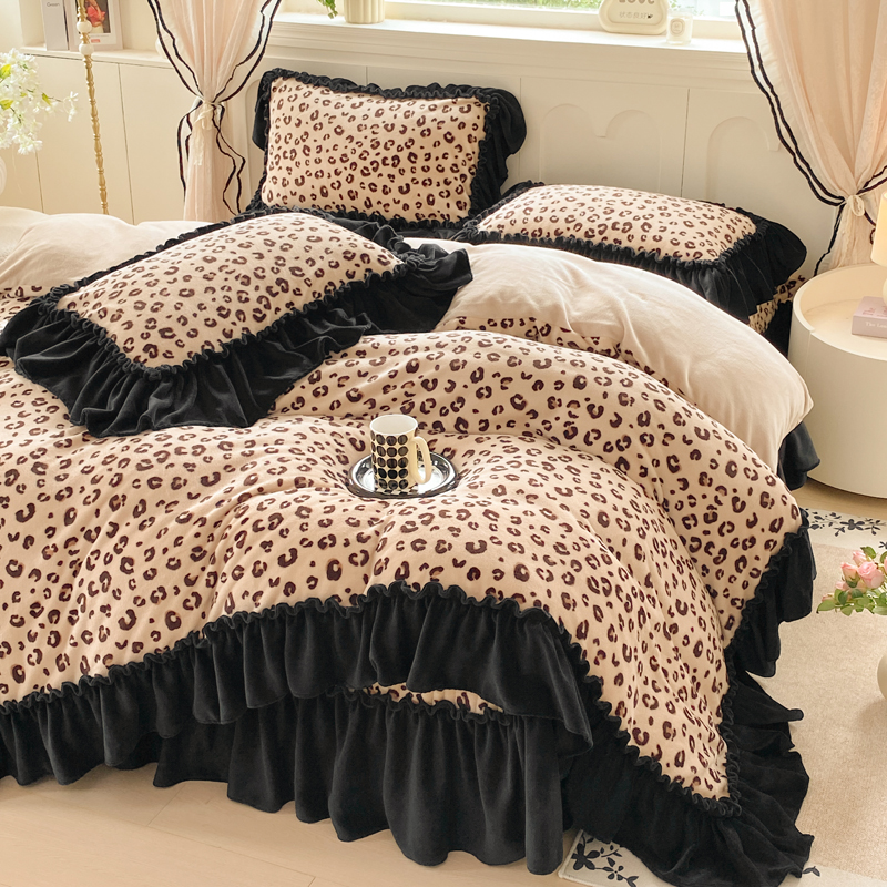 冬季加厚夹棉牛奶绒床盖四件套法式公主风花边床裙双面绒被套床品