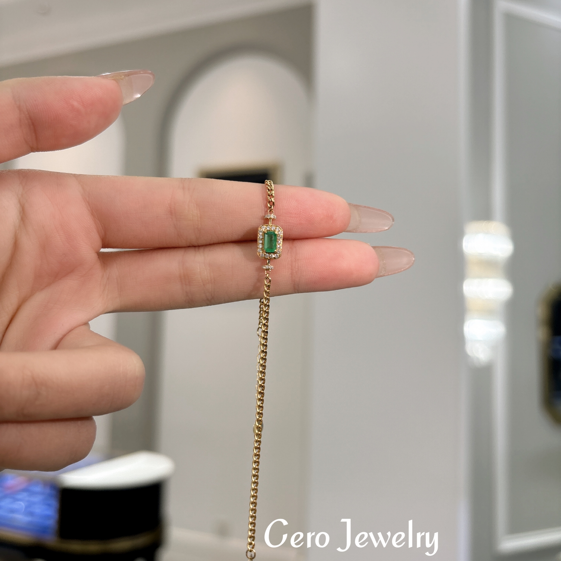 CERO【祖母绿手链】18k金轻奢百搭气质祖母绿围镶钻石手链AN0003 