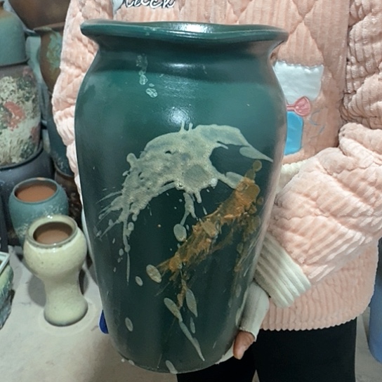 紫砂花盆口19高35，墨绿