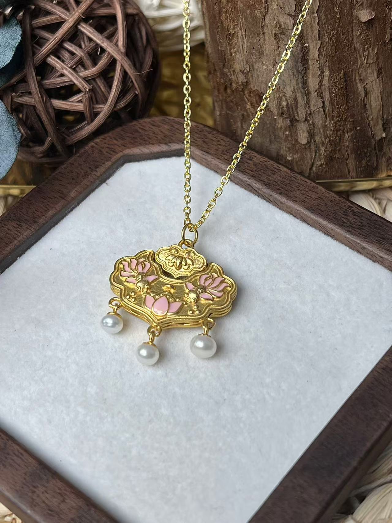 吊坠925银 45号-古法银镀金珐琅彩锦鲤如意平安锁吊坠-YLA5366