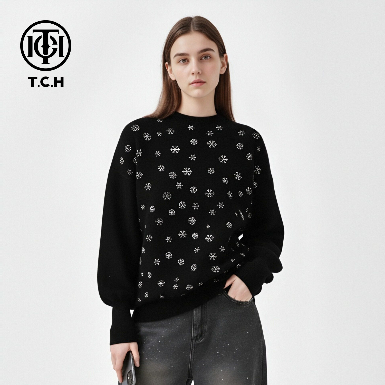 TCH-时尚潮牌【绵羊毛】LOGO老花烫钻黑色高领针织衫T75D09E1293