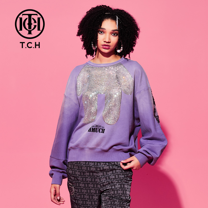 潮牌-TCH紫色小熊宽松时尚百搭男女同款圆领长袖卫衣T69D118007