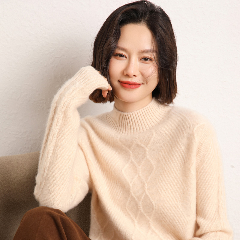 【重磅加厚款】秋冬提花100%纯山羊绒衫女半高领宽松保暖针织打底衫