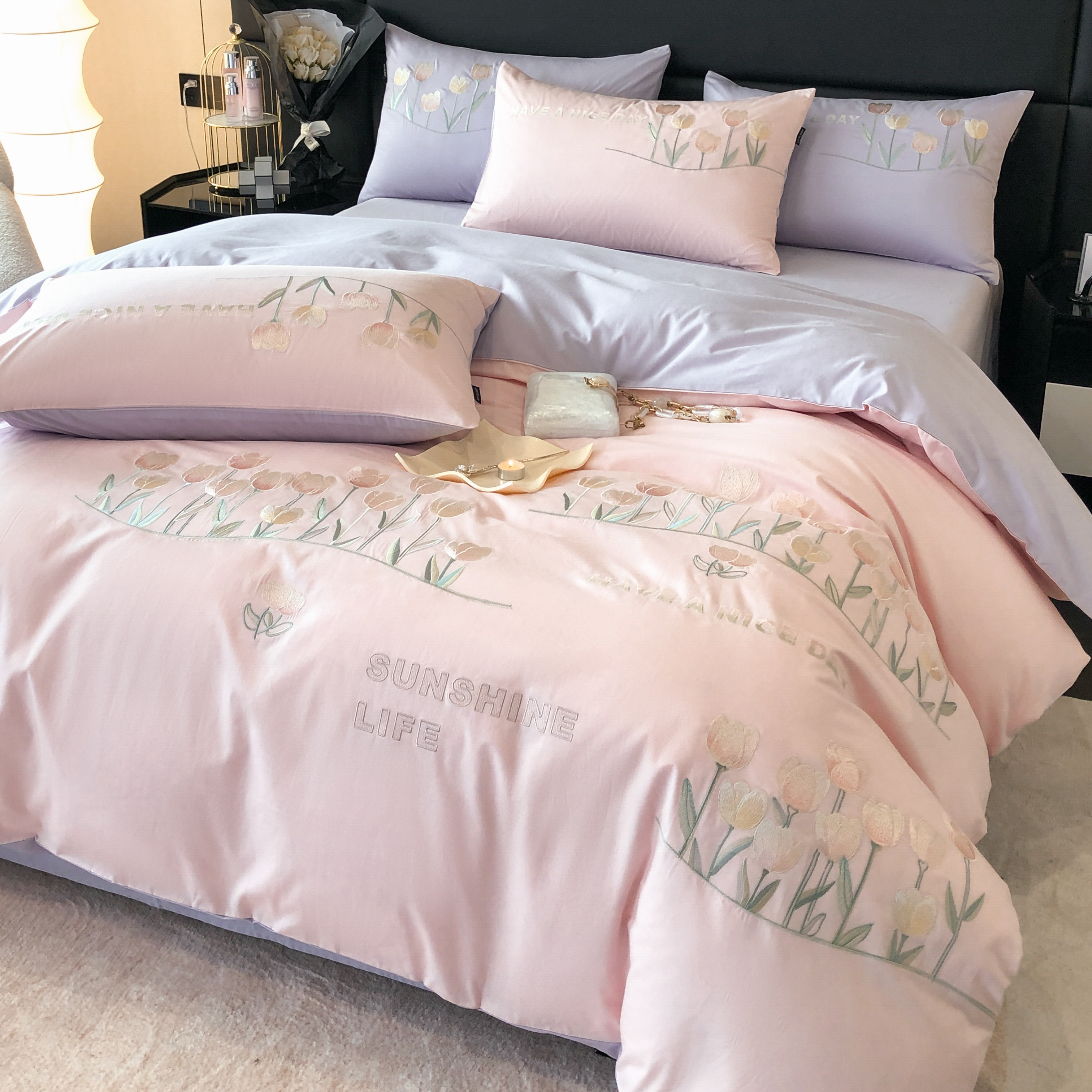 374  床上四件套全棉纯棉床单被套被罩床上用品郁金香花园 粉