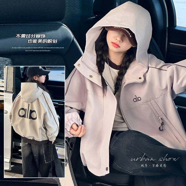 女童春秋连帽外套2025新款韩版中大童时尚休闲后背字母百搭上衣潮