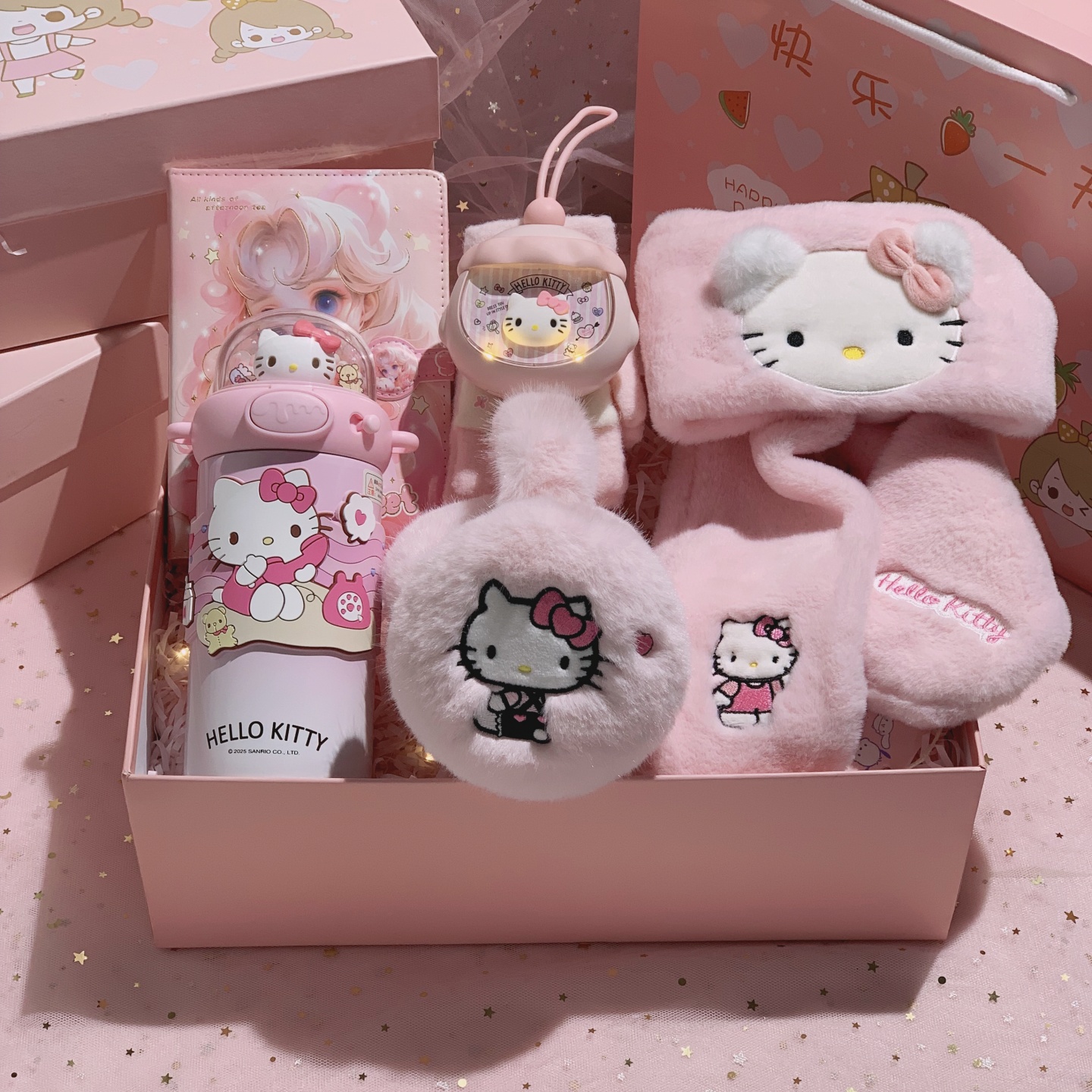 正版HelloKitty美乐蒂粉色礼盒套装女童可爱毛绒秋冬保暖创意礼品