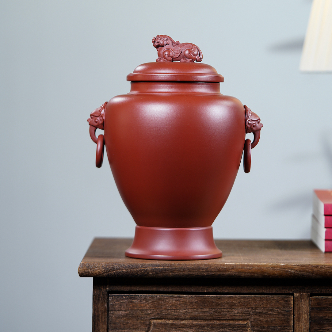 宜兴紫砂高端精品大红袍紫砂兽首茶叶罐大号防潮家用密封醒茶罐