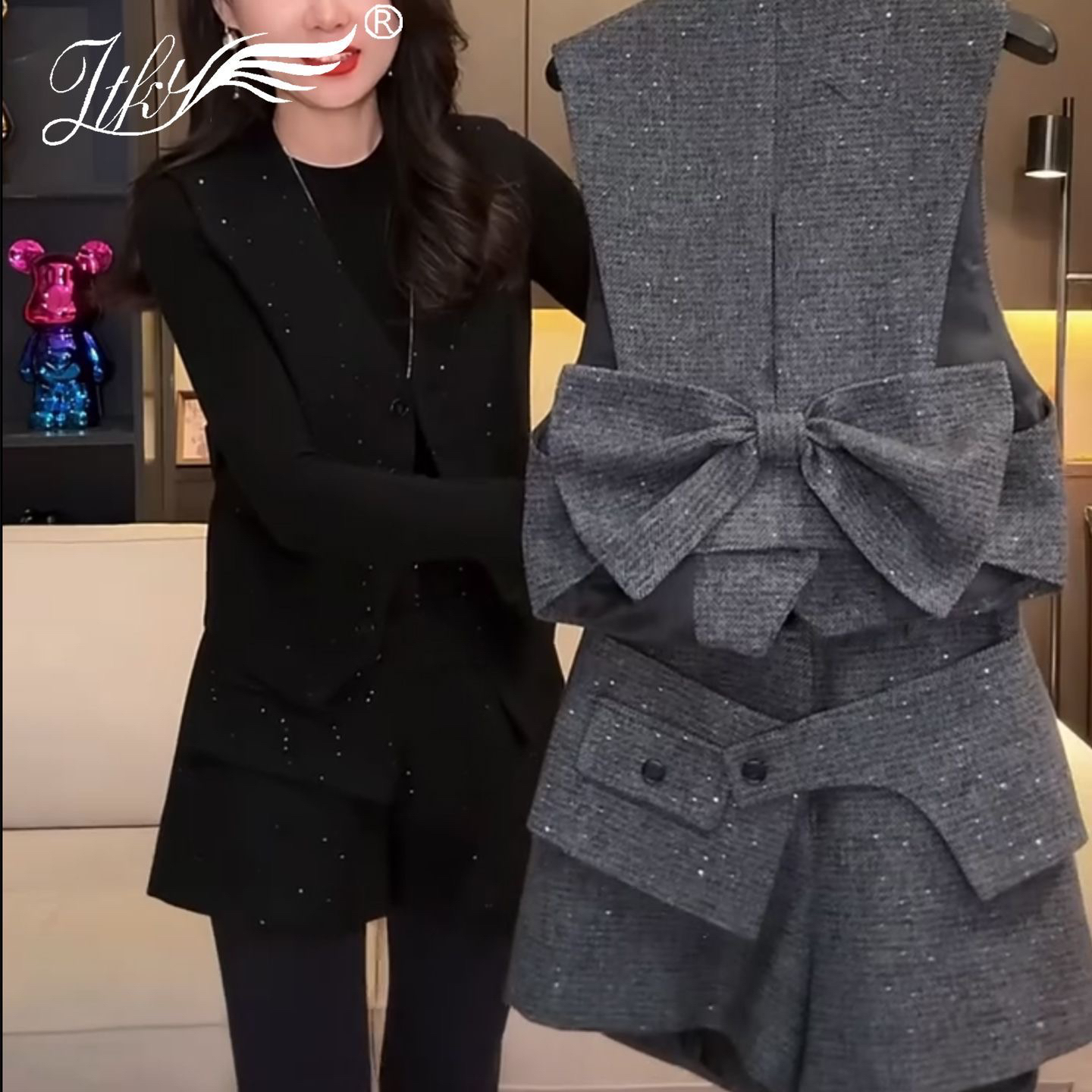 欧货时尚套装女2025秋冬款洋气时髦蝴蝶结马甲短裤显瘦毛呢两件套