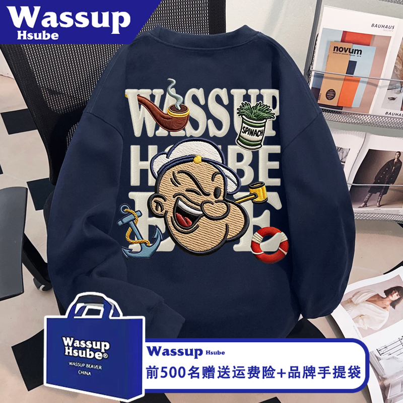 WASSUP HSUBE藏青色上衣ins秋季美式卡通印花T恤男女款100%棉长袖