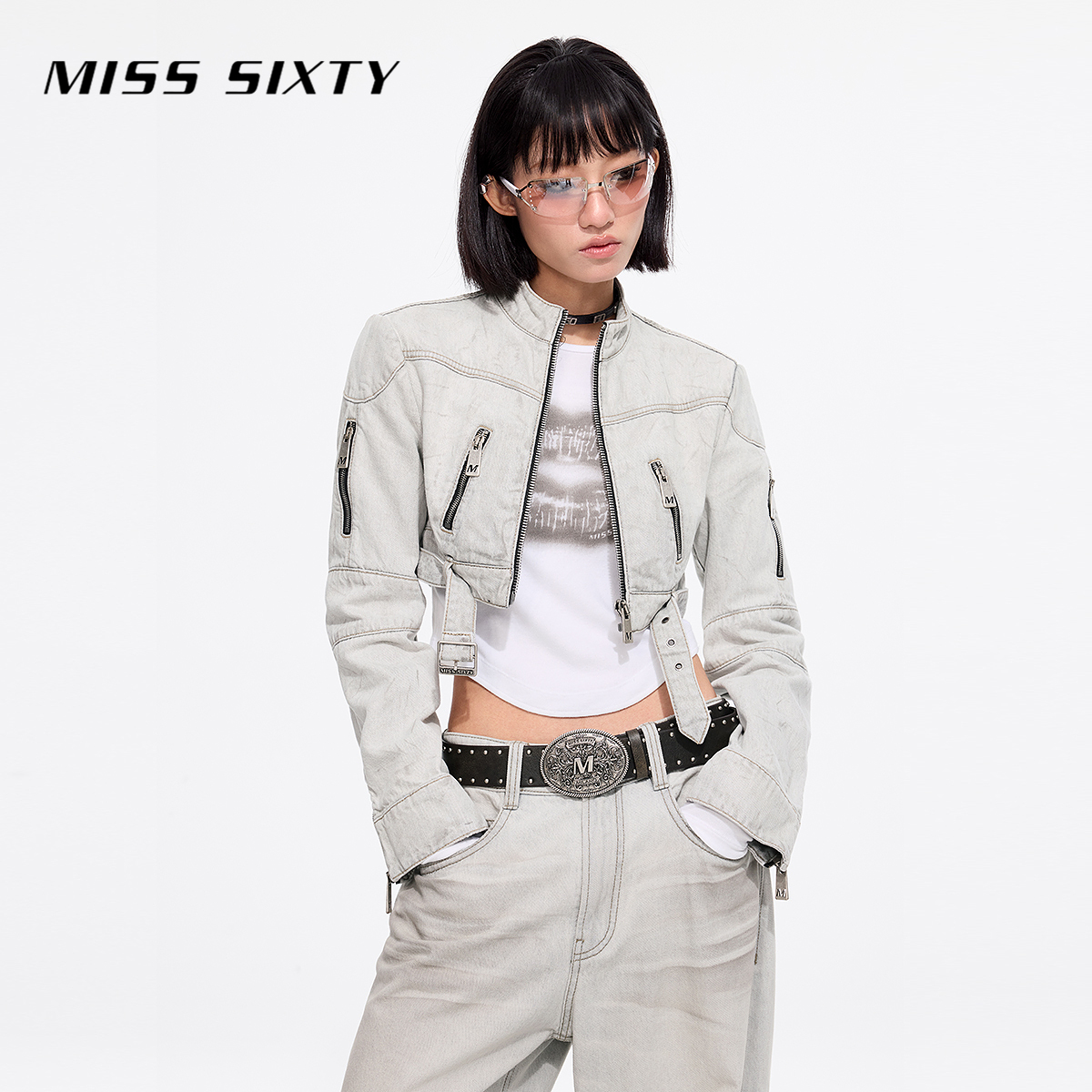 【商场同款新品】Miss Sixty2025春新款牛仔外套机能风做旧磨白短款