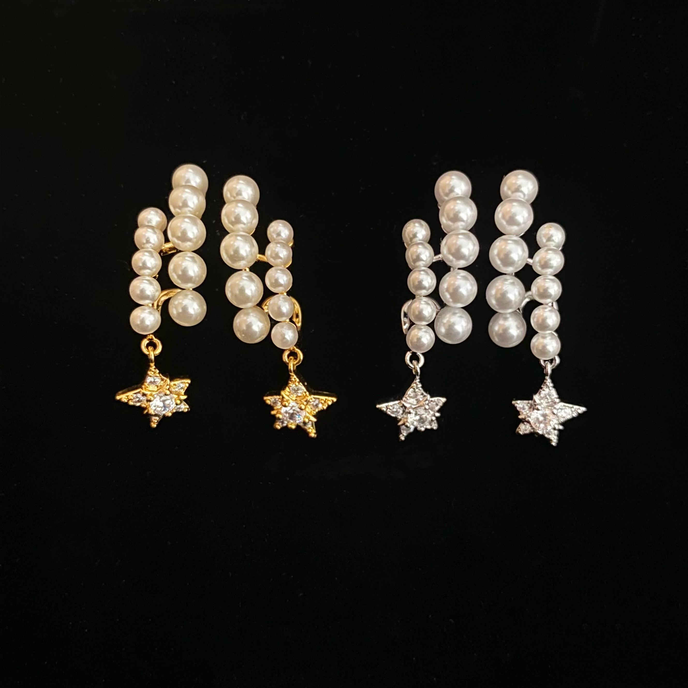 铜合金仿珍珠耳饰 【星河流年】时尚精致双排珠珠五角星耳环E03