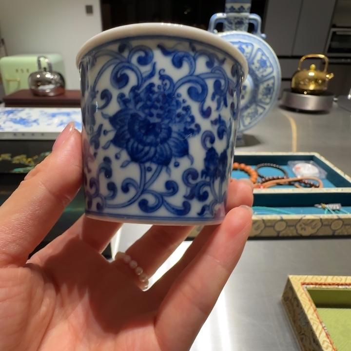 柴窑青花西番莲可乐杯