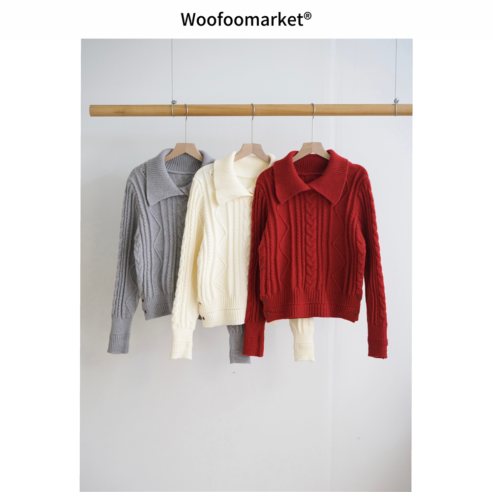 【海街日集】袖口下摆纽扣 立体麻花翻领长袖毛衣女小个子 AWMY493