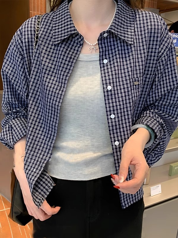 格子衬衫女2025秋季新款韩系小个子短款宽松休闲韩版百搭上衣外搭