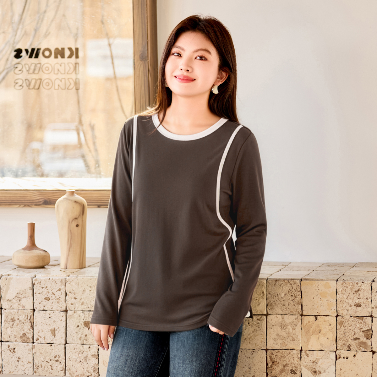 【现货秋冬软糯抓毛撞色百搭打底T恤】MsShe大码女装2025冬M2510086