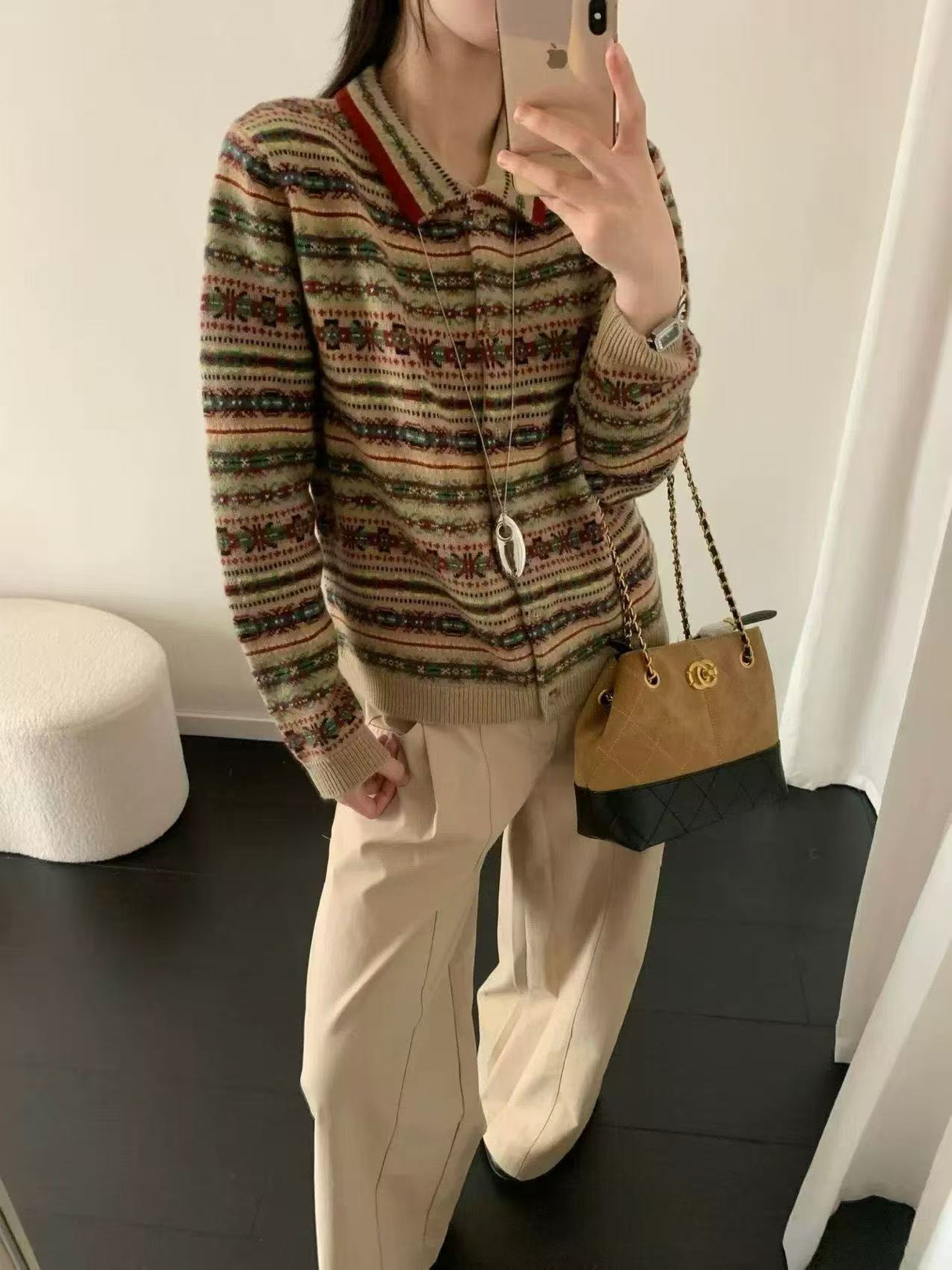 费尔岛100羊毛韩系复古Polo领针织毛衣