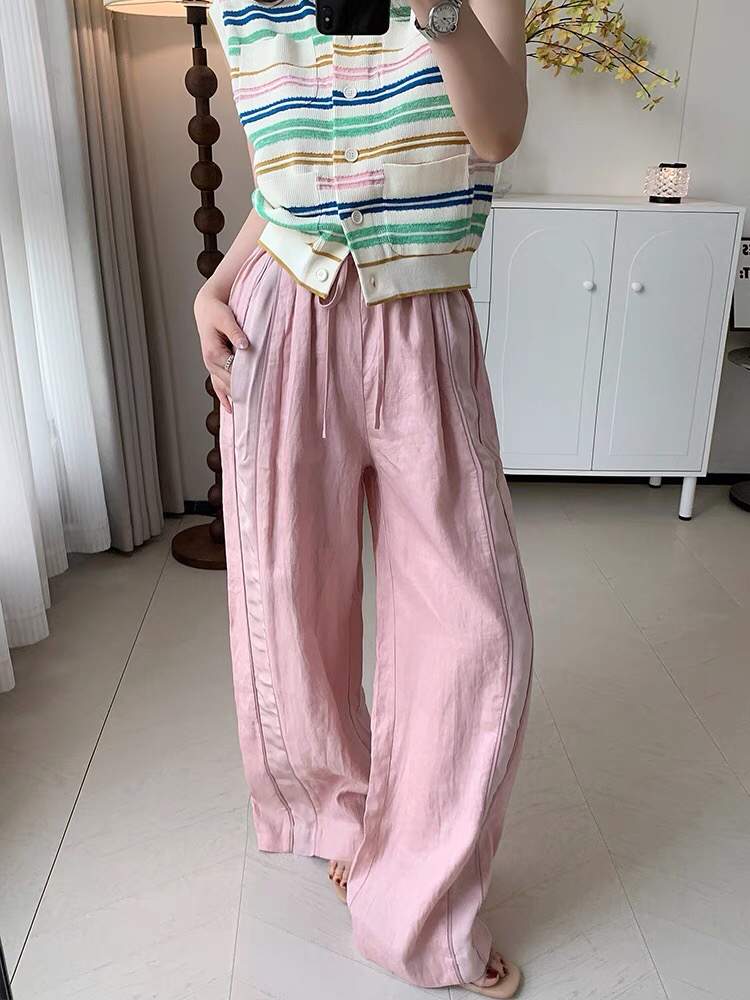 D～粉色气质拼接撞色高腰直筒裤女