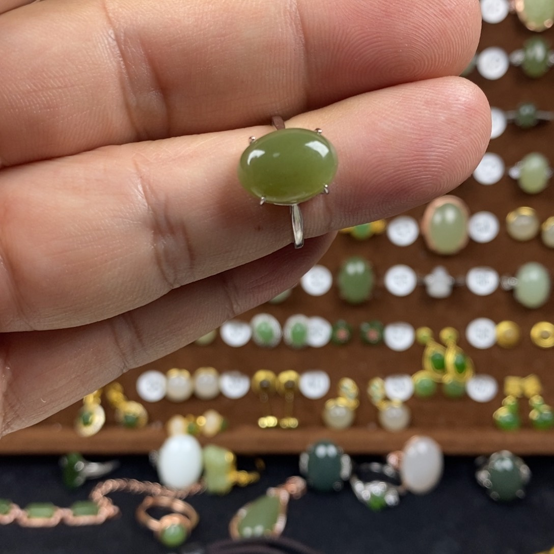 和田玉（青玉）戒指银S925镶嵌