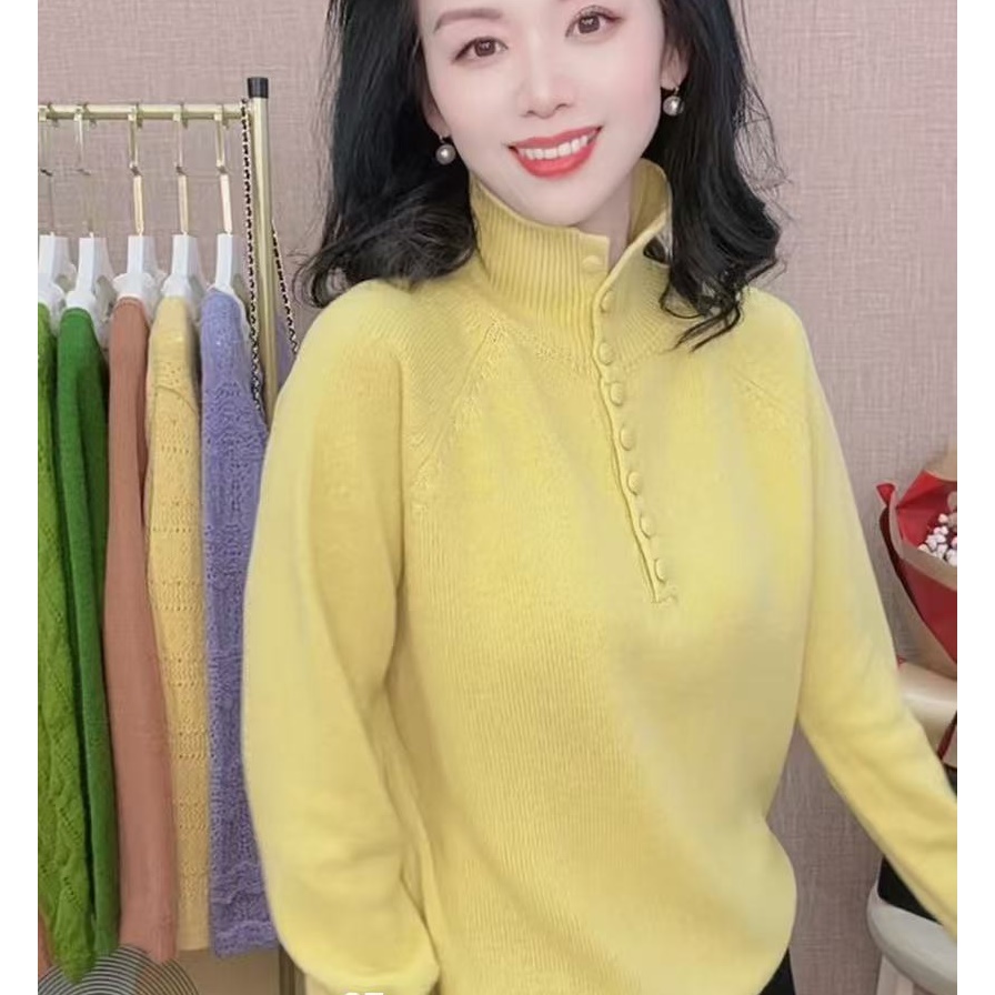 温暖针织羊毛衫秋冬女式羊毛高领开衫半高领纯色宽松百搭毛衣