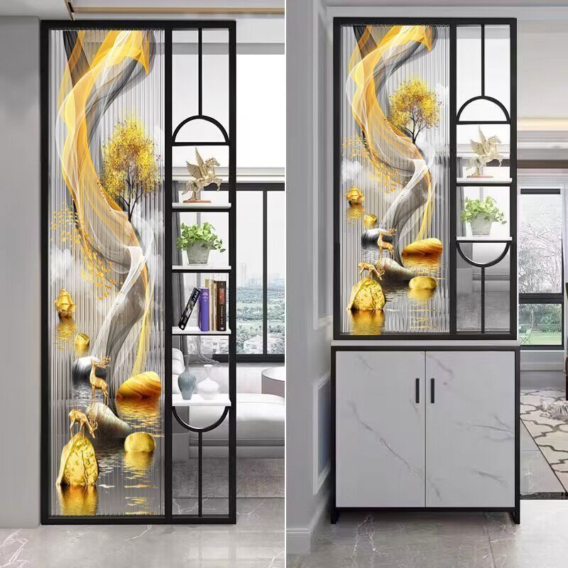 客厅艺术画长虹玻璃屏风隔断柜简约现代轻奢铁艺北欧镂空鞋柜新款