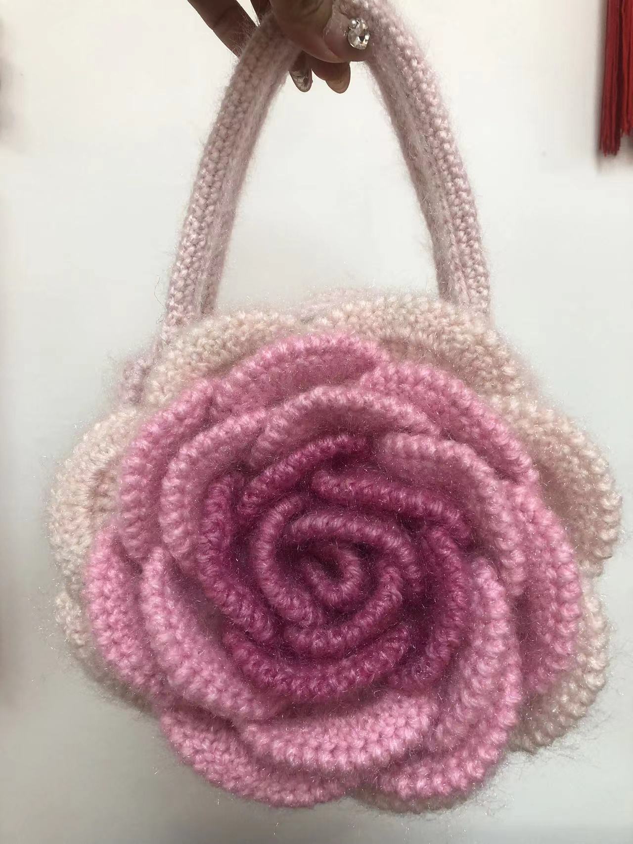 山茶花手工毛线钩织手机包随身手提玫瑰包送女友斜肩包成品百搭款