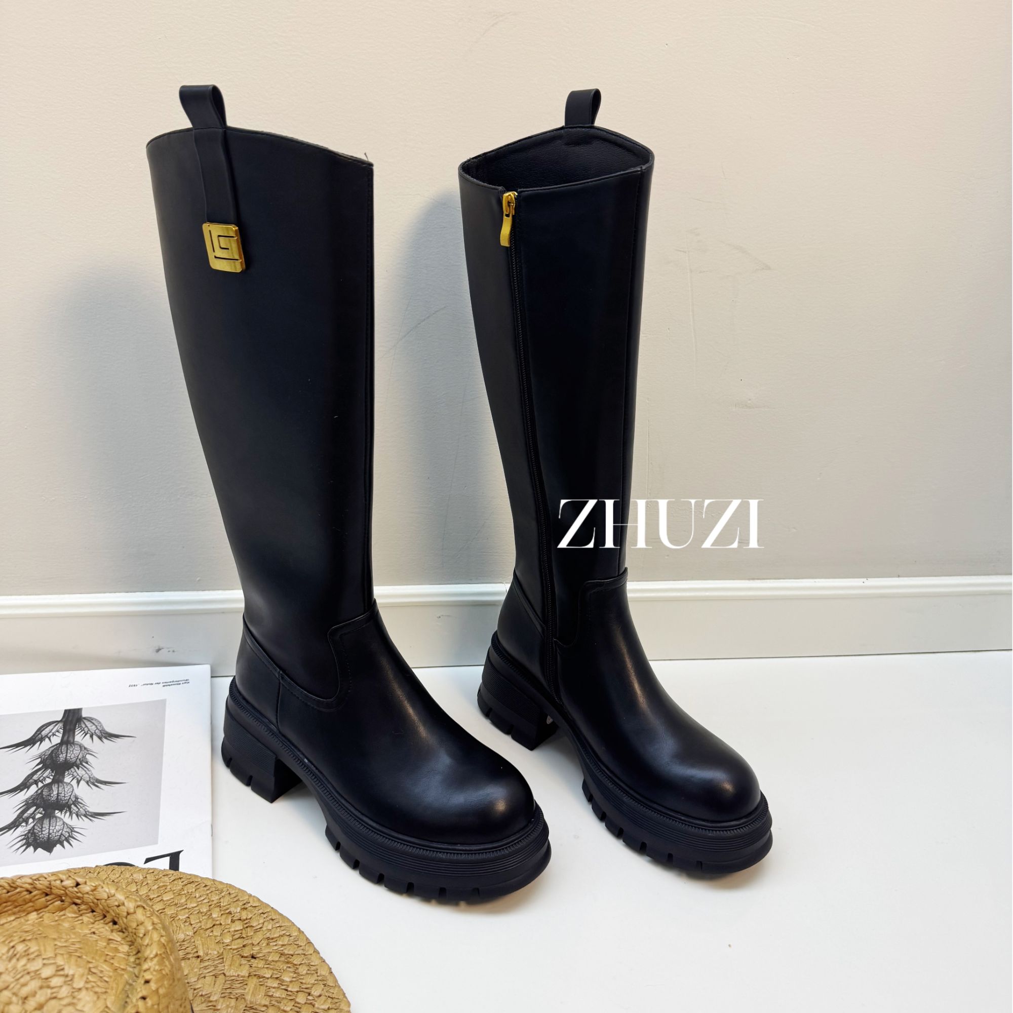 6cm【竹子】大筒围腿粗胖mm真皮高跟厚底905时尚百搭骑士靴长筒