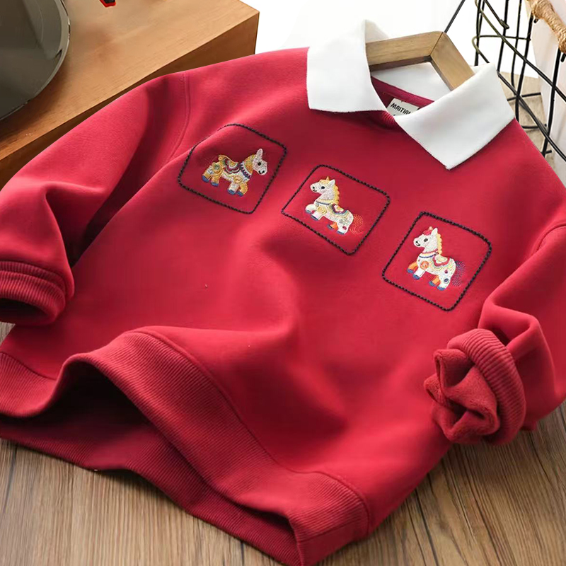 刺绣翻领加绒儿童卫衣中大童上衣男女童装卡通加厚冬款衣服25260