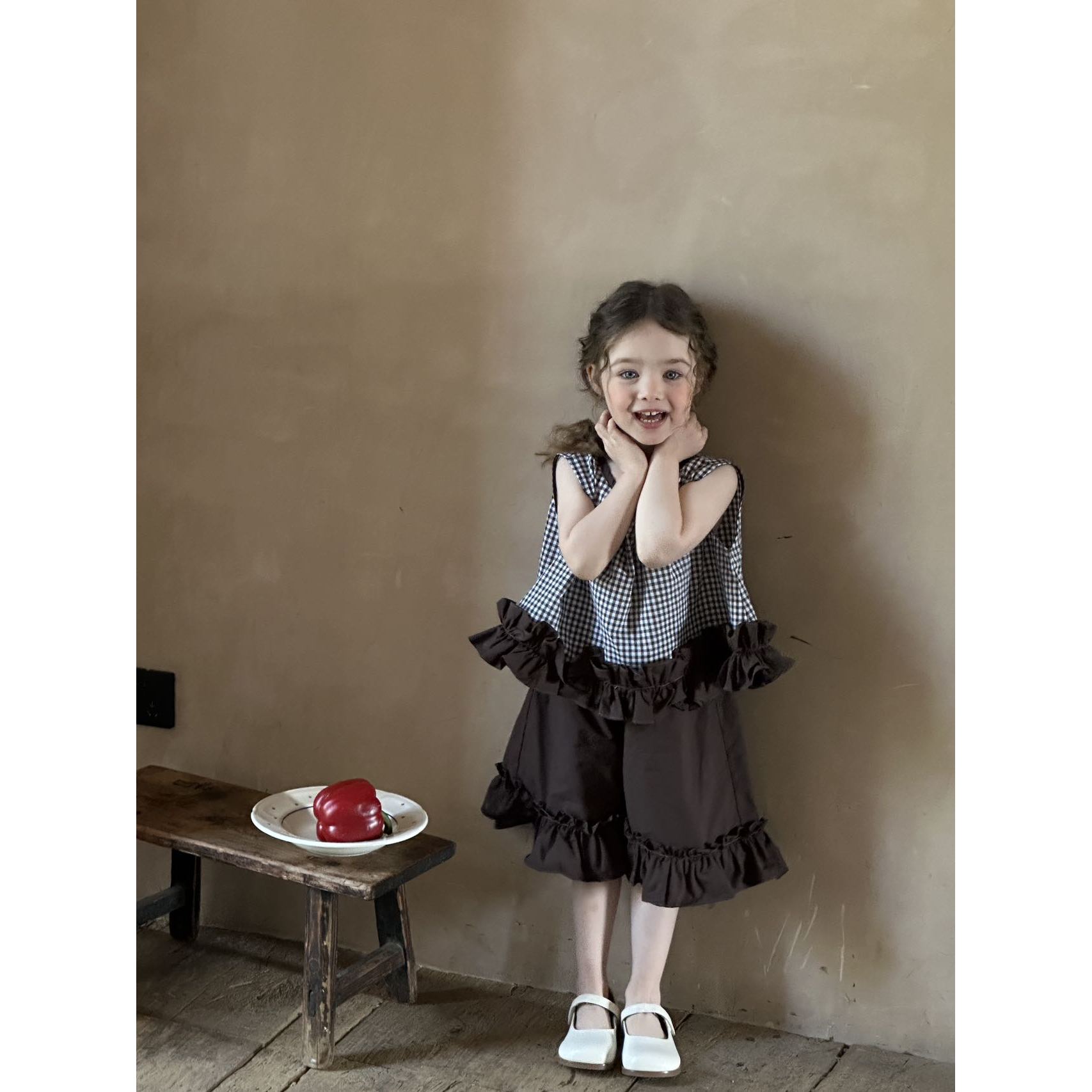 AC212~青禾予·25夏~格子花边娃娃衫两件套QHY155(2217+1520) 咖色