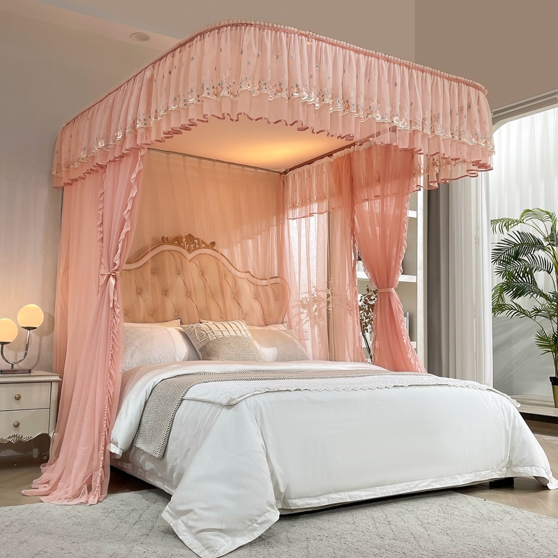 家用卧室防摔加厚加粗防蚊公主风三开门繁花似锦系列导轨蚊帐梦