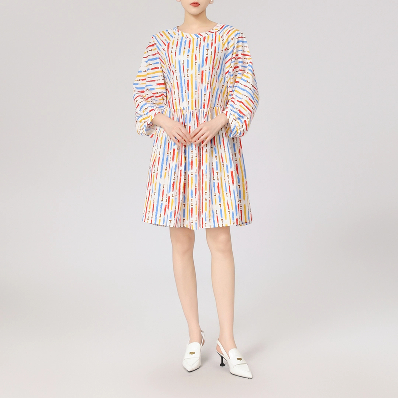 AMASS/阿玛施早春短款洋装设计感印花泡泡袖休闲气质连衣裙550019