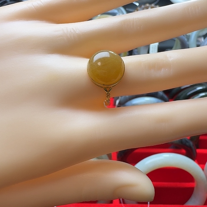 和田玉（糖玉）银S925镀金镶嵌戒指