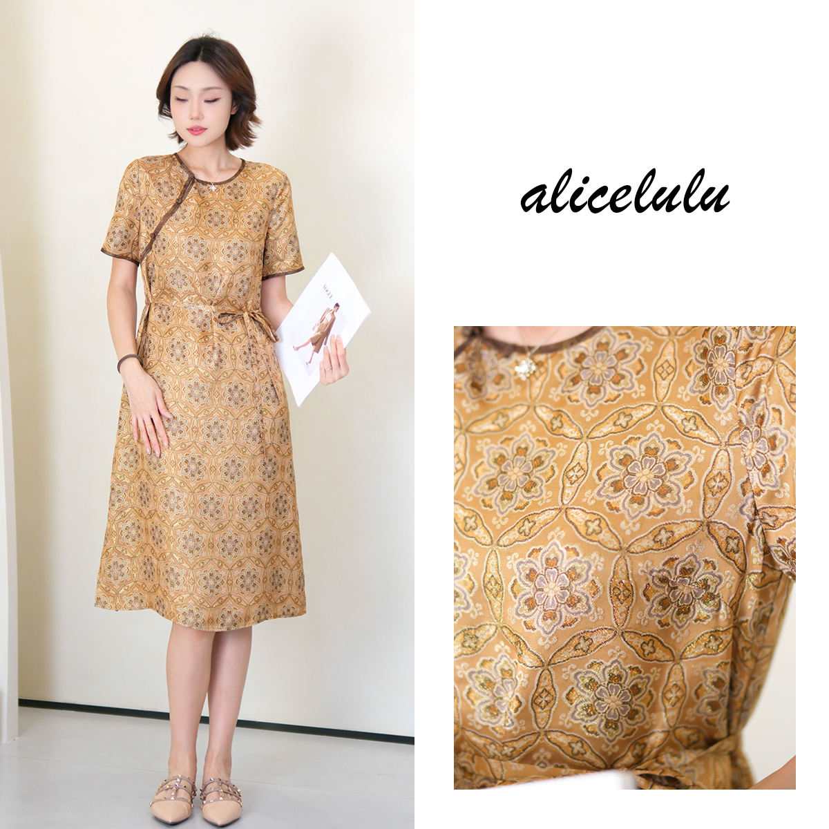 1[alicelulu]国风新中式圆领短袖系带连衣裙S2143368E