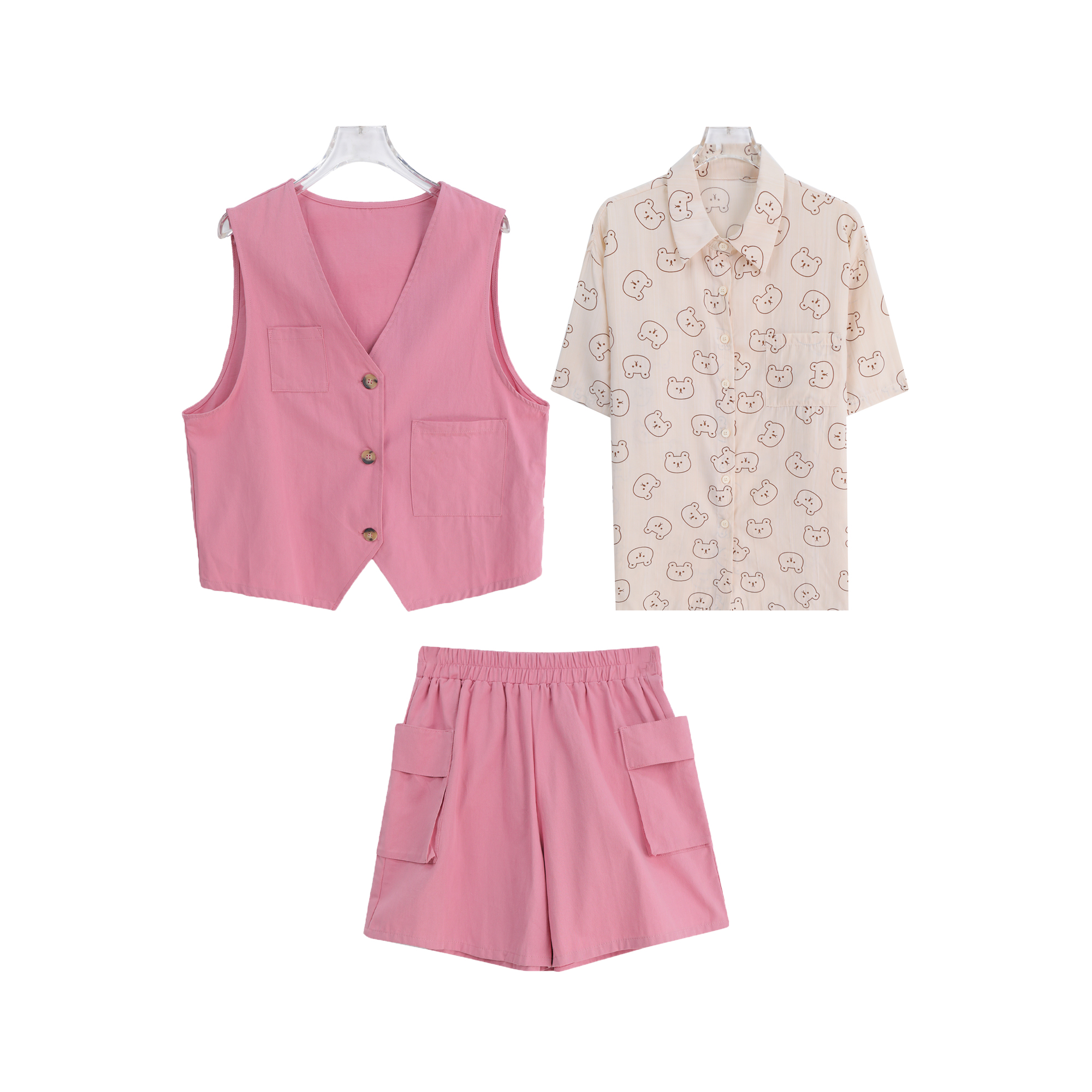 S气质洋气马甲印花短袖衬衫纯色短裤套装A14358